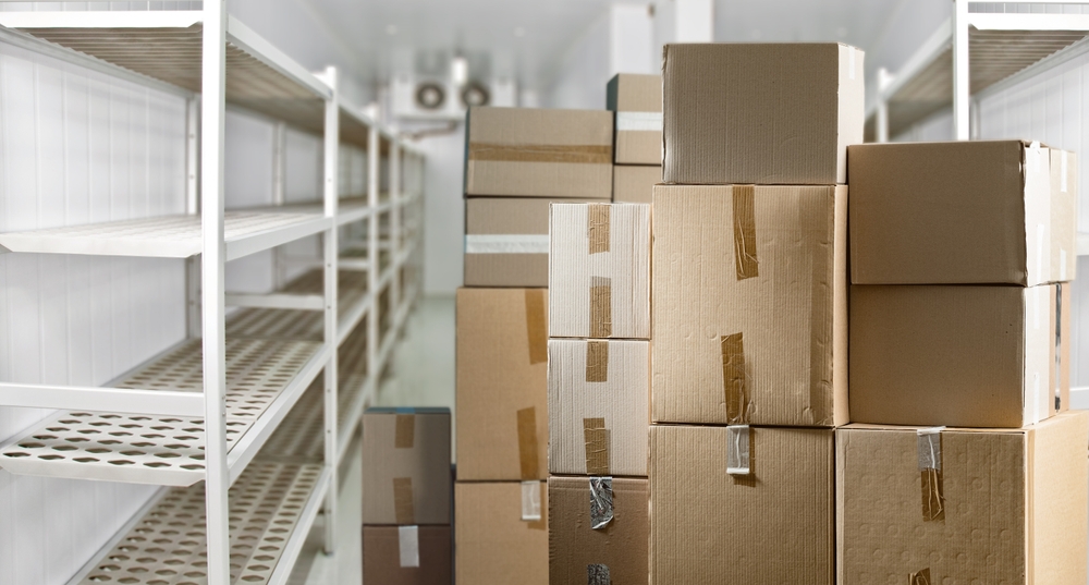 Refrigeration,Warehouse,With,Cardboard,Boxes.,Large,Freezer.,Empty,Shelving,Inside